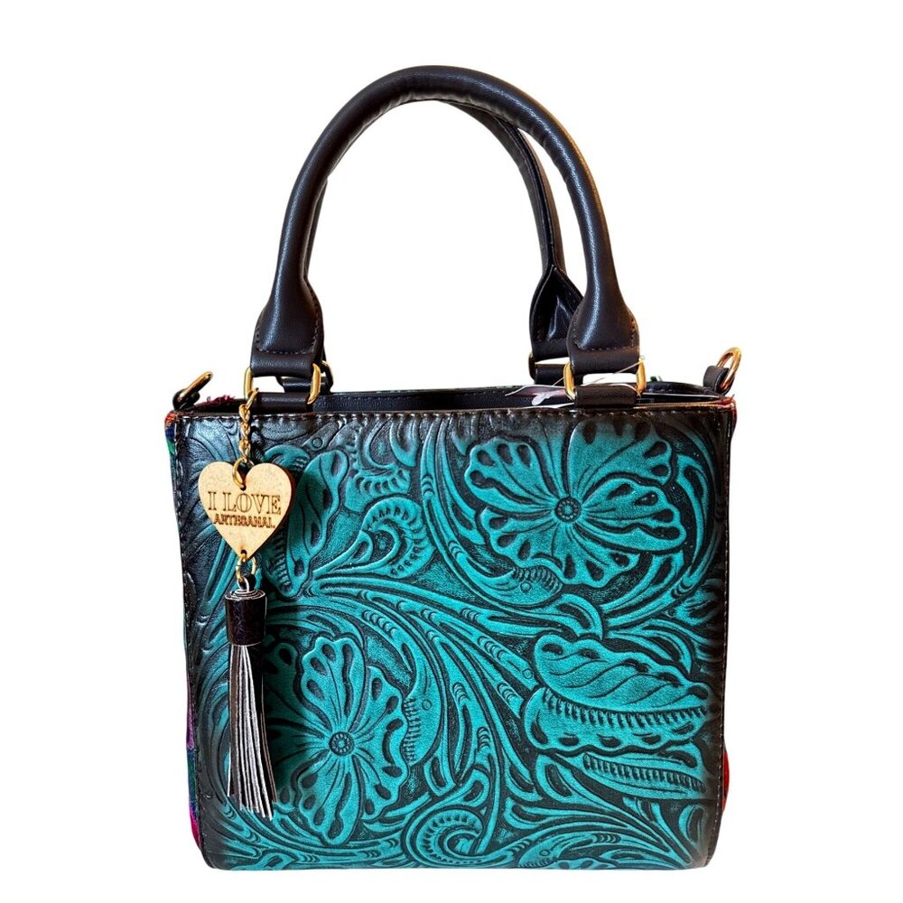 Tooled aqua with Floral  tapestry embroidery crossbody‎ shoulder satchel